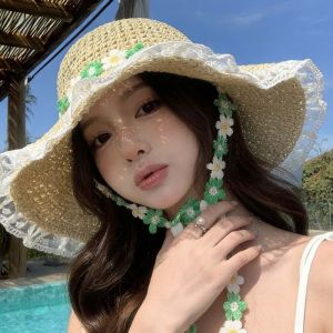 THANKSKY Nhẹ Mũ đi biển với Garland Thoáng khí Mũ cói vành rộng Thanh lịch có ren Mũ chống nắng dệt Phụ nữ