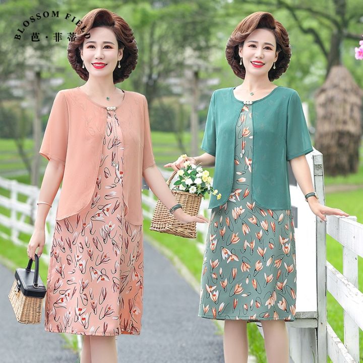 ↂ Western style middle-aged and old women's dress in the summer of 2022 the  new 45 young mother money short sleeve dress noble