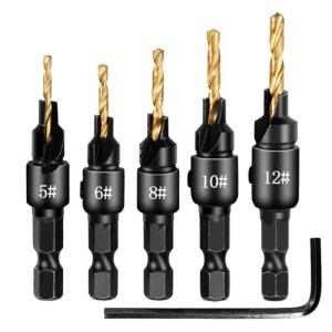 Hexagonal Shank Drill Set of 5 Professional Countersink Drill Bits for Countersinking and Efficient Chip Disposal