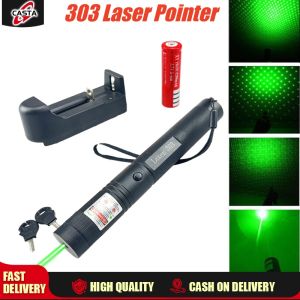 532nm High-power 303 Laser Flashlight Green Laser Pointer Pen Lamp With 18650 Battery + charger + security key+ box For Outdoor Funny Cat Stick Teacher Reading Pen