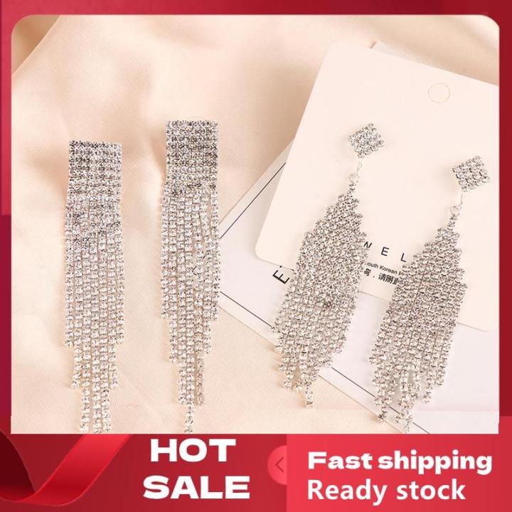 🚚【Local Express Delivery】🚚 S925 silver needle Classic Shiny Crystal Earrings Ladies Exaggerated Long Earrings Tassels Rhinestone Earrings Fashion Korean Ea