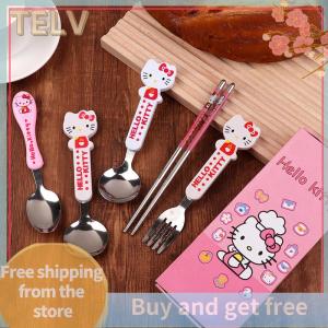 TELV Kawaii Hello Kitty Chopsticks Spoon Fork Sanrio KT Cat Stainless Steel Tableware Set Portable Dinnerware Anime Flatware
