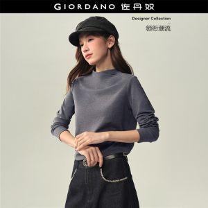 Giordano Women Pleated mock neck long sleeve knit tee Free Shipping 18326528