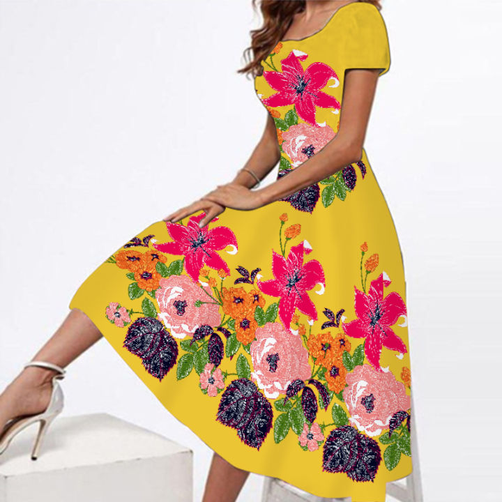 Floral Print Yellow Dresses Women Party Elegant Slim Short Sleeve Long Dress  Casual Vestidos Spring Summer Beach Dresses | Lazada Singapore