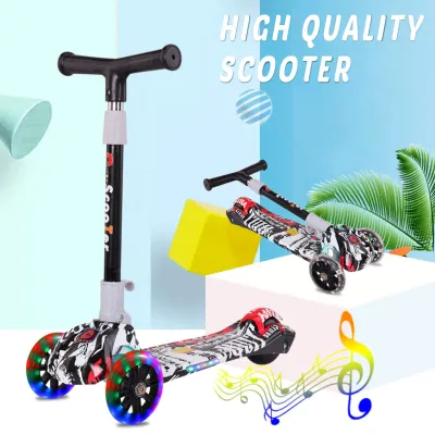 Moduspace Mall 2-12yrs Kids Music Scooter LED Flash Three-wheel Graffiti Folding Kick Scooter Adjustable Height Ride-on Push Scooter for Boys Girls Toys