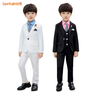 lontakids 2-14 Years Kids 3Pcs/5Pcs Boys Slim Fit Dresswear Wedding Party Birthday Gentleman Suit Black White Formal Attire Tuxedo Clothes Set
