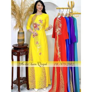 Áo Dài Lụa Habutai Nổi Bật Hoa Kim Cương Phối Dải Chấm Bi K97 Vàng - Áo Dài Xuân Quỳnh