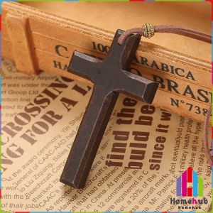 HB Wooden Cross Necklace On Leather Cord For Pendant In Black Brown Tone Jewelry