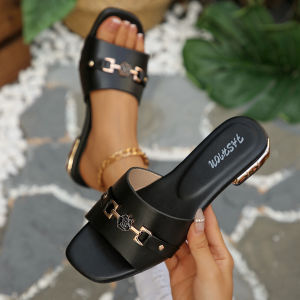 [Free Shipping] Fashionable square-toed open-toe slippers for outdoor wear non-slip low-heel sandals casual and comfortable metal buckle slide sandals