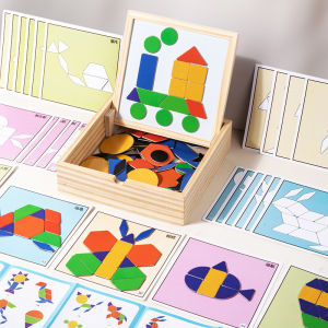 Magnetic Tangram Puzzle Set Wooden Board Geometric Shapes Montessori Learning Toy With Cards