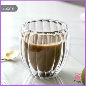 พร้อมส่ง ถ้วยกาแฟสองชั้น จีบรอบใบ ถ้วยน้ำผลไม้สไตล์แฟชั่น 250ml 350ml 450ml Creative glass