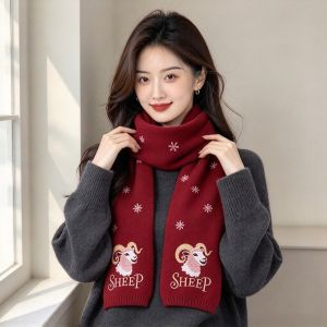 BLACKON Chinese New Year Sheep Long Wool Scarf Embroidery Cartoon Lamb Knitted Long Turban Fashion Thicken Winter Cashmere Scarves Christmas New Year Gifts