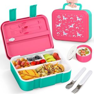 Lehoo Castle Bento Lunch for Kids 1250ml with 5 Compartments Spoon Fork Sauce Jar Leak Proof BPA-Free Sizes for Boys and Girls Ages 3 to 7