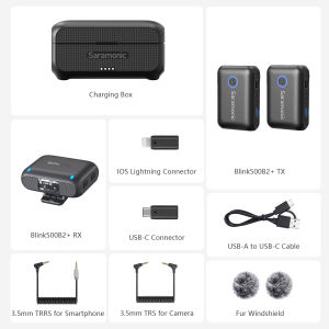 Saramonic Blink500B2+ Wireless Lavalier Microphone 4-in-1 Wireless Microphone Remote Control Camera with Intelligent Noise Reduction System 40 Hours Battery Work iPhone Android Camera Computer TikTok Youtube Live Vlog Interview