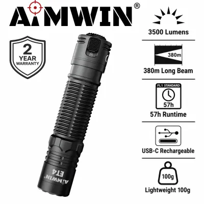 AIMWIN ET4 3500 Lumens Compact Tactical Flashlight USB-C Rechargeable LED Torch EDC Pocket Light 380m Long Beam IP68 Waterproof 3800mAh Battery Search Turbo Mode Outdoor Camping Hiking Emergency Work Light for Car Home Travel