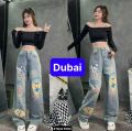 QUẦN JEANS CHẤT BÒ ỐNG RỘNG NỮ LƯNG CẠP CAO IN HÌNH GẤU HOT TREND 2024 - DUBAI FASHION. 