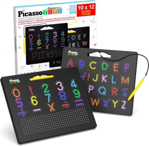 PicassoTiles 2-in-1 Magnetic Drawing Board Toy 12x10 inch Magnet Bead Tablet Pad With 2 Facings Alphabet+ Math STEM