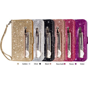 เคสกระเป๋าสตางค์หนังฝากแวววาวระยิบระยับแบบฝาพับเคสโทรศัพท์แวววาว - สมาธิใส่การ์ดสล็อตเงินสดซิปโลหะสายรัดข้อมือหนังขาตั้งแบบพับ