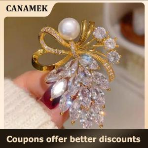 【 CANAMEK 】 Fashion Rhinestone Crystal Bow Pearl Brooches Women Clothing Coat Jewelry Accessries Gifts