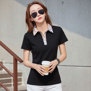 Lapel Short Sleeve T-Shirts for Women Cotton Korean Style 2022 New Summer Womens Top Casual All-matching Clothes Professional Business Female Blouse Plaid Collar Loose Button Ladies Polo Shirt