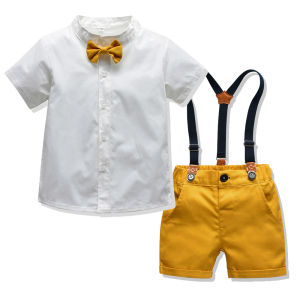 New Baby Boys Bow Gentleman Clothes Set White Shirt + Plaid Shorts with Suspenders Birthday Suits Kids Children Party Dress Holiday Outfits 1 2 3 4 5 Years