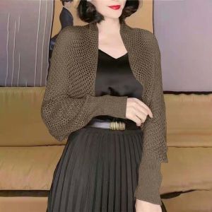 PLLEWY Hollow Ice Silk Shawl Elegant Luxury Long Sleeve Smock Top Trend Simple Sunscreen Crop Knit Cardigan