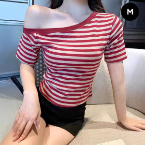 PM✿ Hot Girl Off Shoulder Striped Short Sleeved T-shirt Fashion Women Slim Fitting Top