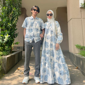 BATIK TRUSMI Dress Panjang Motif Mega Mendung Bumi Pita Biru