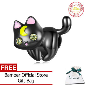 BAMOER Hạt Charm Hình Mặt Trăng & Mèo Bằng Bạc Sterling 925 Phù Hợp Cho Nữ Vòng Tay & Vòng Tay Nguyên Bản Hạt Hình Mèo Mạ Vàng Màu Đen Dễ Thương SCC2386