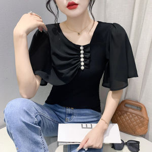 Yimei Áo thun nữ Quảng Châu xinh đẹp 2023 mùa hè khăn quàng cổ voan mới kem chống nắng 5/4 tay cho nữ ôm vừa cotton áo phông cổ chữ V xiên áo thun màu đen mỏng