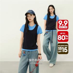 Giordano Women Fake two-piece drawstring waist short sleeve tee Free Shipping 18326820