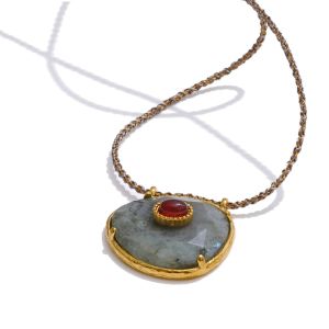 Yhpup Natural Spectrolite Agate Stone Oval Pendant Necklace for Women Golden Stainless Steel Exquisite Fashion Jewelry Gift