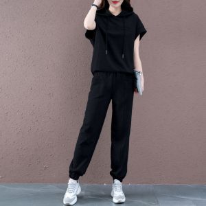 ✅ส่งไว✅สต็อกไทย ชุดเซ็ต เสื้อแขนสั้นมีฮู๊ด + กางเกงขายาวจั๊มเอวยางยืด มีกระเป๋าหน้า 2 สี ผ้าวอร์มบาง