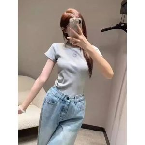 Retro Womens T-Shirt Summer Casual Slim Fit Short Sleeve Round Neck Solid Color Top Innerwear with Embroidered Moon Design2026