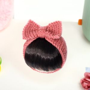 HEALMEYOU Cute Soft Daily Fringe Synthetic Kids Children Photography Props Girls Fluffy Princess Wig Headband Knitted Bow Bang Toddler Neat Bang Baby Hair Wig