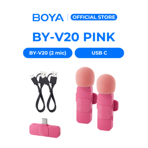 BOYA V Series Pink Mini Clip Wireless Lavalier Microphone with Noise Cancellation 9-Hour Battery Plug & Play 50m Range for iP/USB-C/Mobile/Tablet