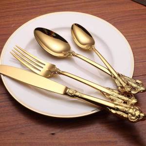 Palace Banquet Western Tableware 304 Stainless Steel Knife Fork Set Golden Embossed Steak Knife Fork