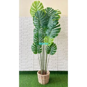 Pohon Hias Tanaman Artificial Monstera T180 Latex Cover Pot Rotan Bulat Dekorasi Kantor Pajangan Cafe Aesthetic