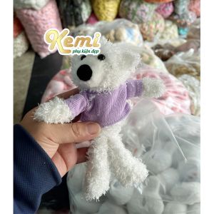 Gấu teddy lông trắng mặc áo tím size 20cm ghim cài áo hình gấu trendy