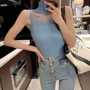 ⚜️SF Women’s Tanks 2023 New Korean Style Ladies Tops Casual Solid Plus Size Semi-high Neck Sleeveless Female Knitted Vest