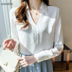 AMMIN Áo Sơ Mi Voan OL Màu Trắng Cổ Chữ V Kiểu Pháp Mới 2021 Áo Cánh Thanh Lịch Thời Trang Thanh Lịch Dài Tay Phong Cách Phương Tây Thời Trang Đơn Giản Dập Nổi Đi Lại