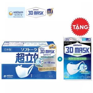[Tùy chọn] Hộp 100 cái Khẩu trang Unicharm 3D Mask ngăn khói bụi + Tặng kèm gói 5 cái khẩu trang Virus Block