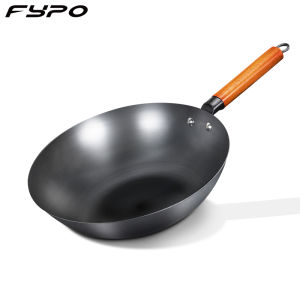 Fypo 32cm Iron Wok flat pan  Chinese Wok Thicken Traditional Pan Non-stick Non-coating Frying Wok High Quality Cooking Tool Gas and Induction Cooker Kitchen Cookware Gifts