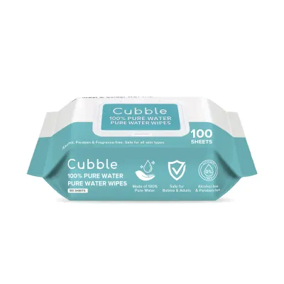 Cubble 100% Pure Water Wipes 100sheets/Pack | 1 Ctn = 2400sheets | Premium Facial Tissue 5ply/400sheets/80pulls