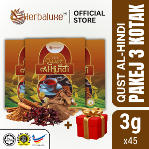Herbaluxe Teh Qust al-Hindi Original 3 Kotak + Free Gift - Cough Phlegm Throat - Akar Costus + Cinnamon + Roselle (2 Kotak 30 Sachet)