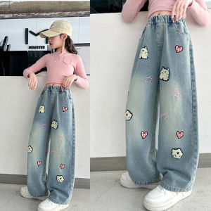 กางเกงยีนส์เด็กหญิง กางเกงยีนขากว้าง เด็กผู้หญิง ขายาว แฟชั่นฤดูร้อน ทรงหลวม 130-160