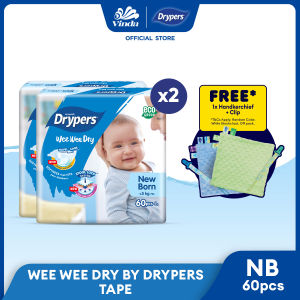 Drypers Wee Wee Dry Baby Diapers NB60 (2 Packs) FREE Handkerchief + Clip - Soft Breathable Baby Diaper (Tape)