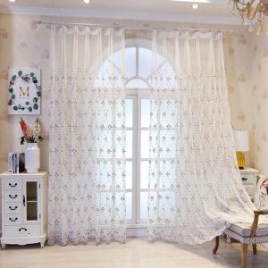 AnneyOneDecor Sweet Pink Sheer Curtain Floral Pattern Pastoral Day Curtain Embroidered Rustic Voile Tulle Transparent Window Curtain Panels