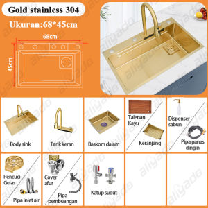 Kitchen Sink Stainless 304 Gold Luxury wastafel cuci piring Emas Keran tarik