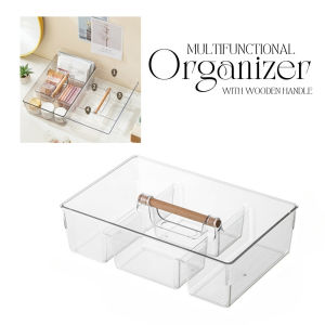Storage Basket Organizer Box Transparent Household Cabinet Cosmetic Storage Basket with Wooden Handle